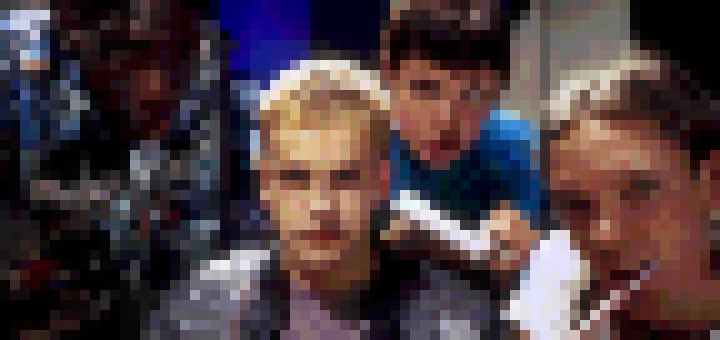 Pixelated scene from the movie Hackers with Nikon, Dade, Kate and Cereal staring at the screen