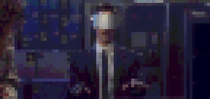 Pixelated scene from the movie Johnny Mnemonic with Johnny dialing into the internet through his VR visor