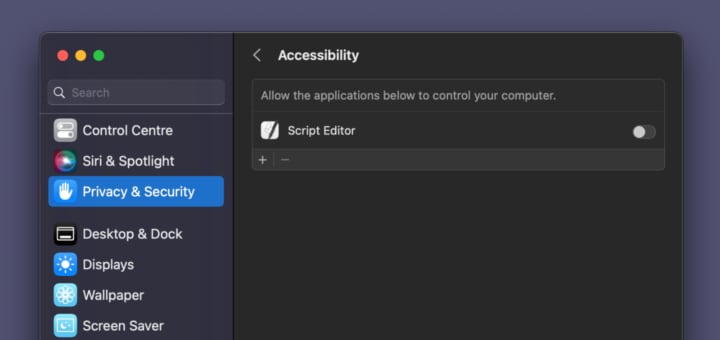 A screenshot of macOS Systems Settings showing the Script Editor permission toggle within the Accessibility submenu of the Privacy & Security section